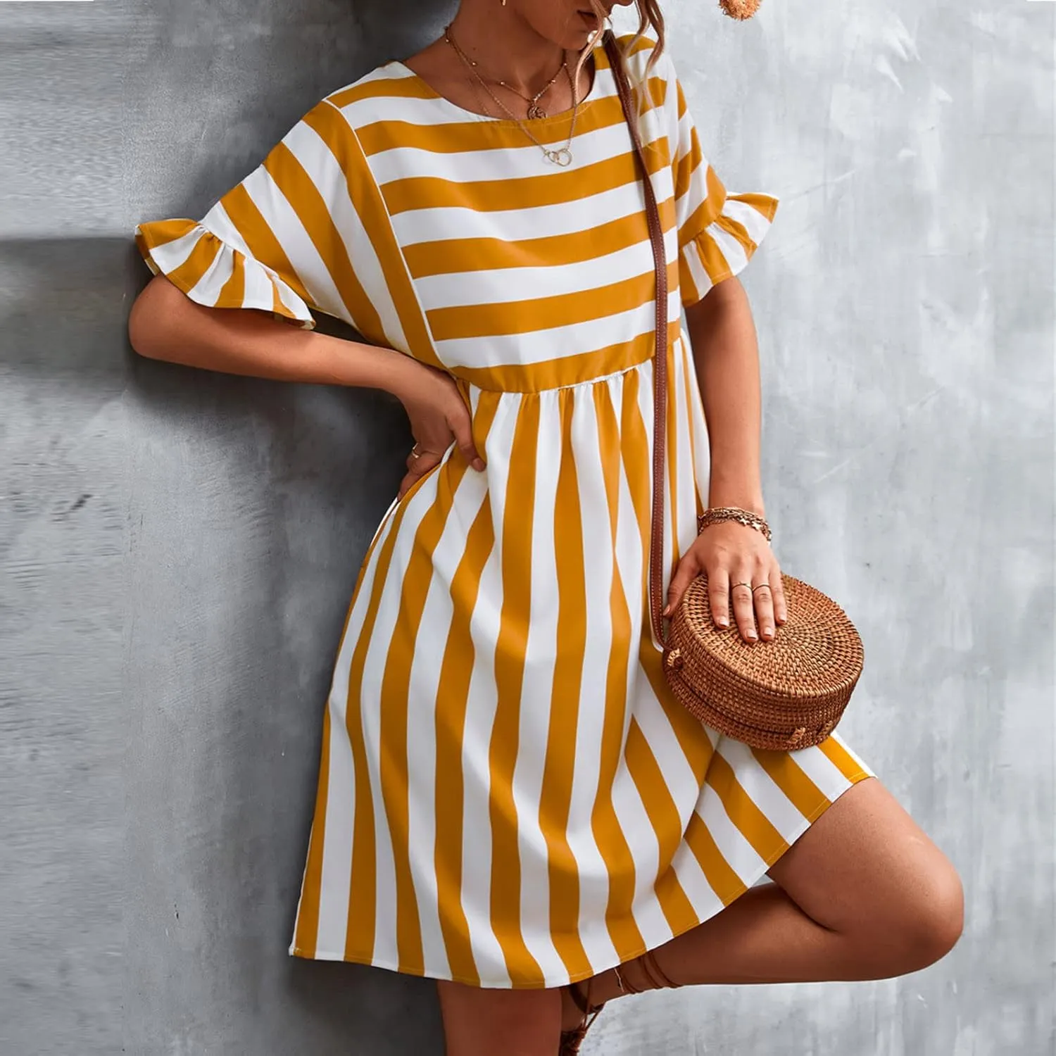 Women's Summer Ruffle Short Sleeve Striped Midi T Shirt Dress Crew Neck Work Casual Dresses with Pockets