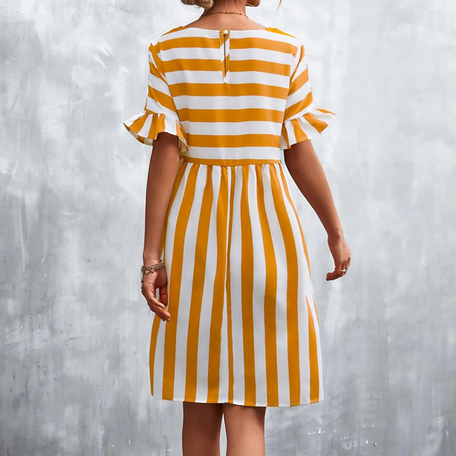 Women's Summer Ruffle Short Sleeve Striped Midi T Shirt Dress Crew Neck Work Casual Dresses with Pockets