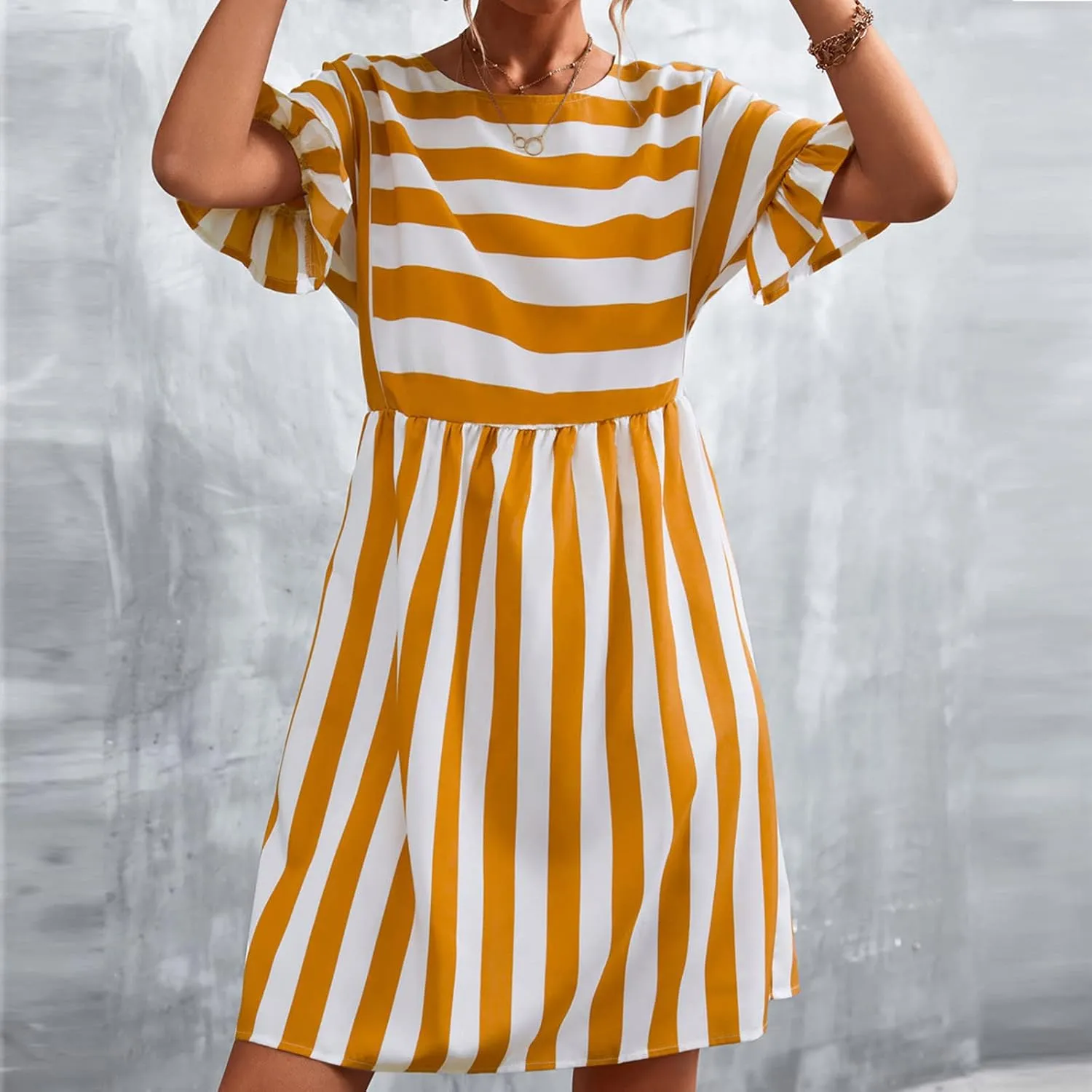 Women's Summer Ruffle Short Sleeve Striped Midi T Shirt Dress Crew Neck Work Casual Dresses with Pockets