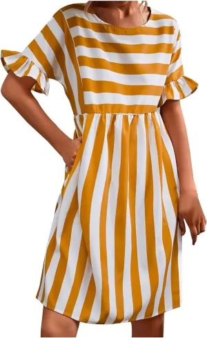 Women's Summer Ruffle Short Sleeve Striped Midi T Shirt Dress Crew Neck Work Casual Dresses with Pockets