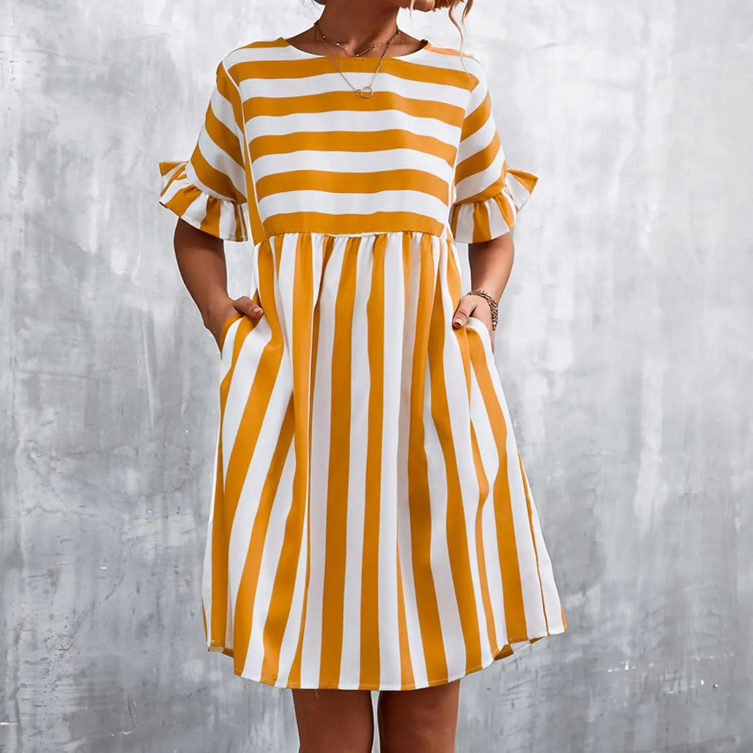 Women's Summer Ruffle Short Sleeve Striped Midi T Shirt Dress Crew Neck Work Casual Dresses with Pockets