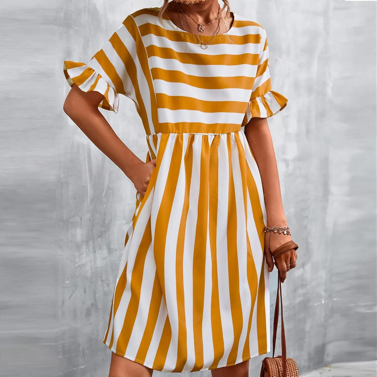 Women's Summer Ruffle Short Sleeve Striped Midi T Shirt Dress Crew Neck Work Casual Dresses with Pockets