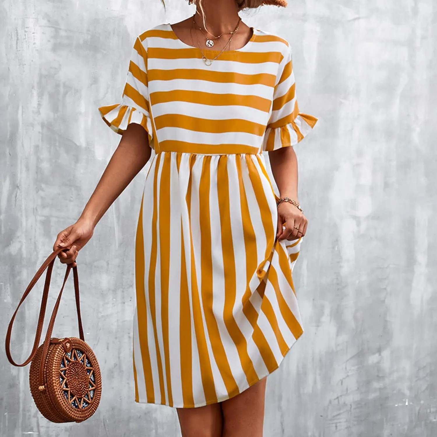Women's Summer Ruffle Short Sleeve Striped Midi T Shirt Dress Crew Neck Work Casual Dresses with Pockets