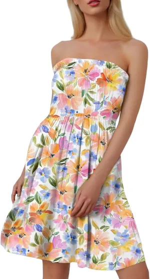 Womens Summer Sexy Strapless Tube Dresses Flowy Ruffle Boho Vivid Floral Mini Dress Backless A Line Short Sundress
