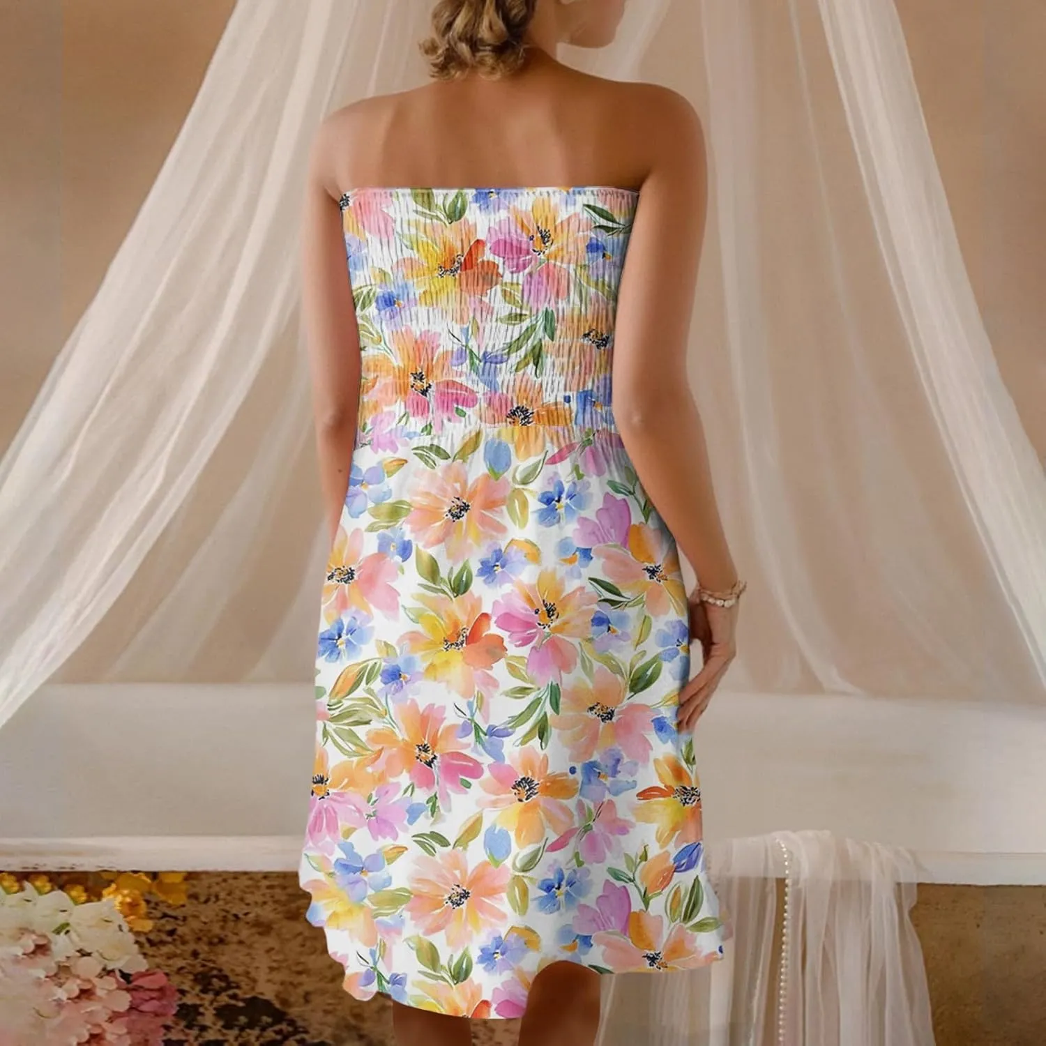 Womens Summer Sexy Strapless Tube Dresses Flowy Ruffle Boho Vivid Floral Mini Dress Backless A Line Short Sundress