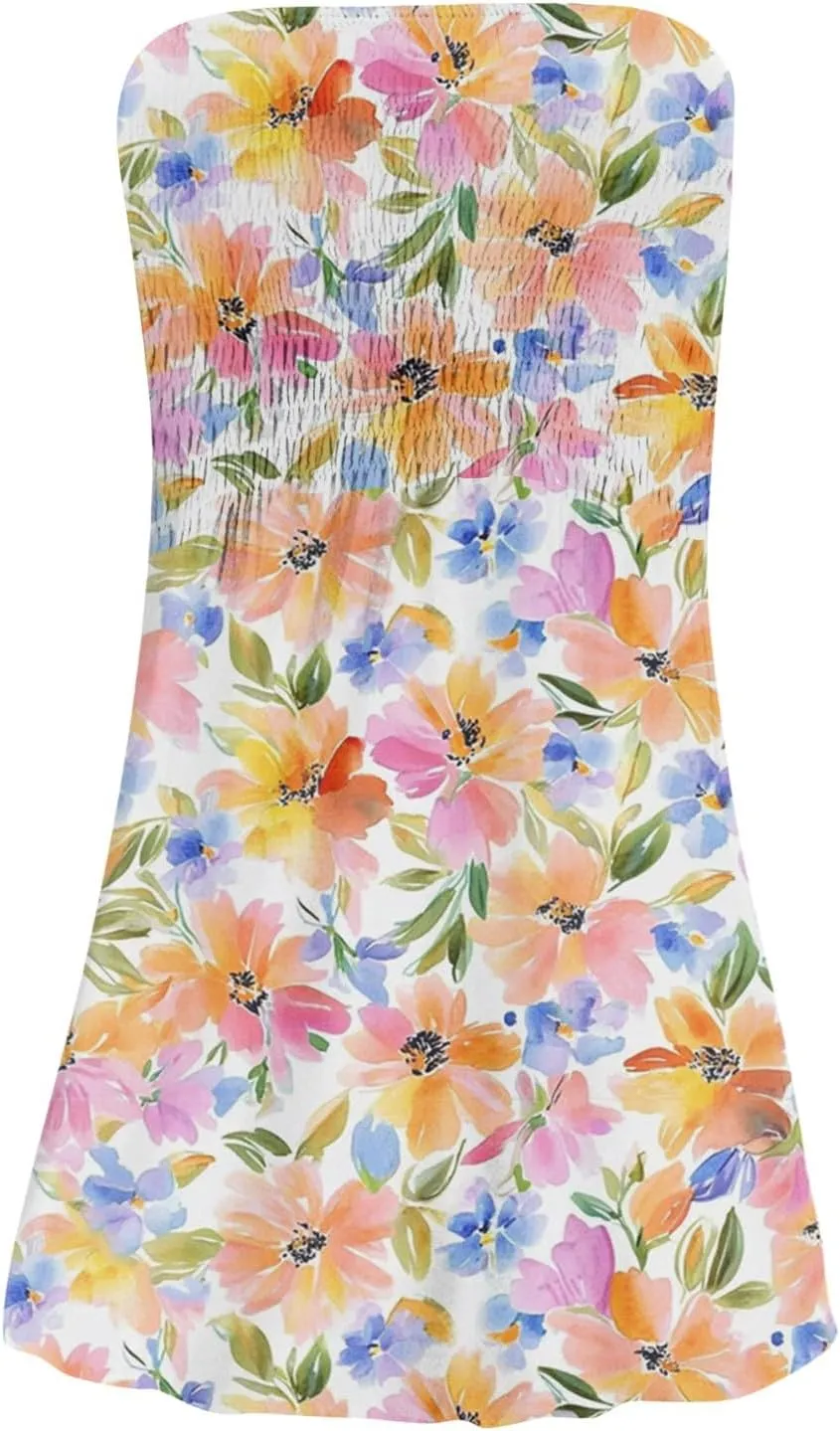 Womens Summer Sexy Strapless Tube Dresses Flowy Ruffle Boho Vivid Floral Mini Dress Backless A Line Short Sundress