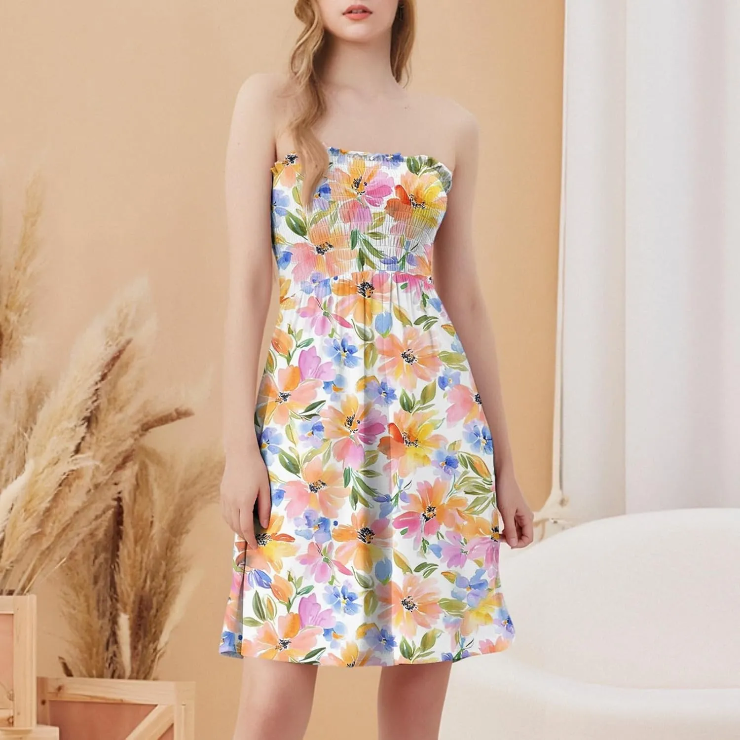 Womens Summer Sexy Strapless Tube Dresses Flowy Ruffle Boho Vivid Floral Mini Dress Backless A Line Short Sundress