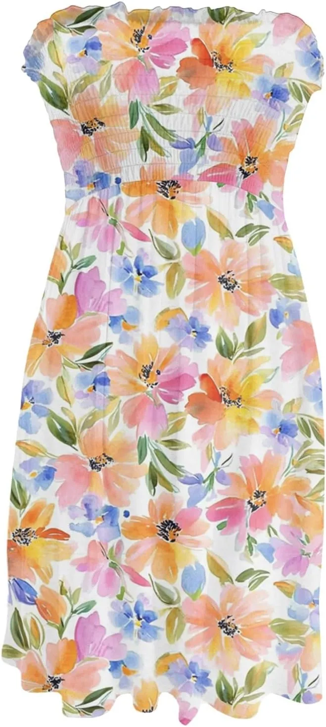 Womens Summer Sexy Strapless Tube Dresses Flowy Ruffle Boho Vivid Floral Mini Dress Backless A Line Short Sundress