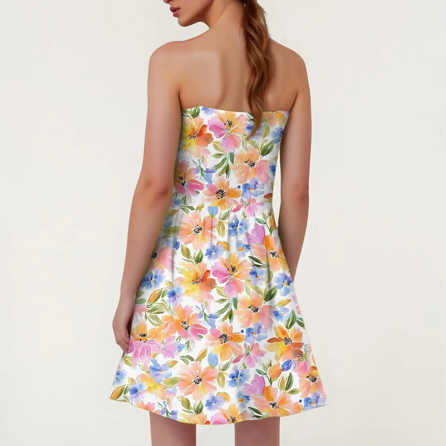 Womens Summer Sexy Strapless Tube Dresses Flowy Ruffle Boho Vivid Floral Mini Dress Backless A Line Short Sundress