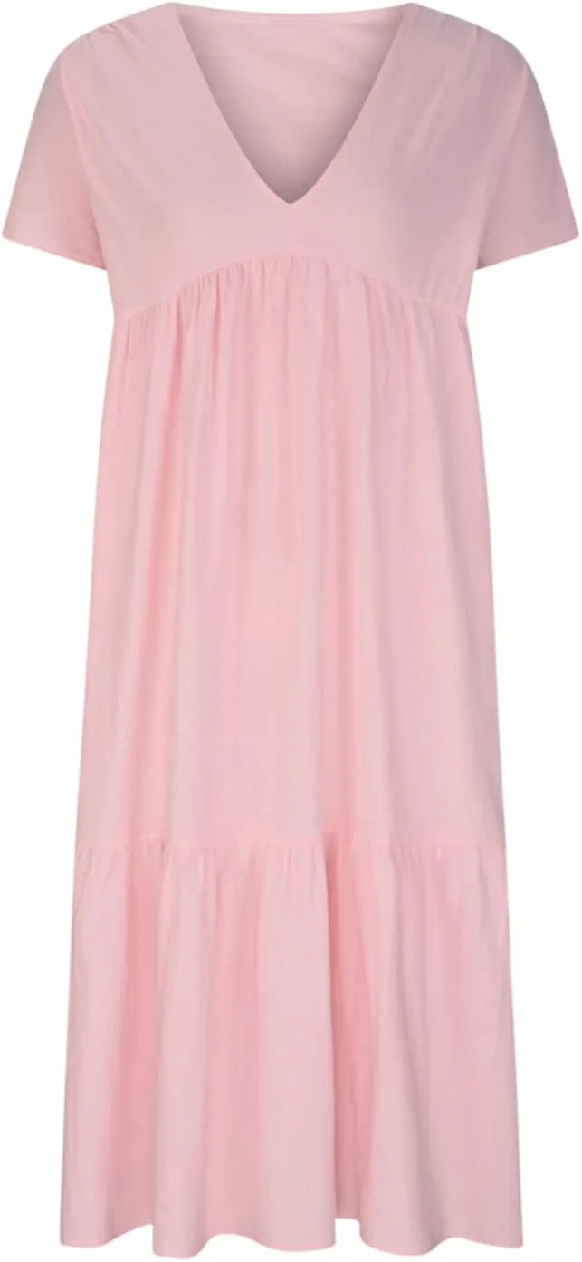 Womens Summer Short Sleeve V Neck Midi Dress 2025 Fashion Casual Fit Flowy Tiered Boho Beach Vacation Sundress