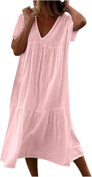 Womens Summer Short Sleeve V Neck Midi Dress 2025 Fashion Casual Fit Flowy Tiered Boho Beach Vacation Sundress