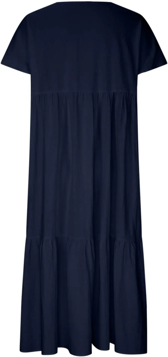 Womens Summer Short Sleeve V Neck Midi Dress 2025 Fashion Casual Fit Flowy Tiered Boho Beach Vacation Sundress