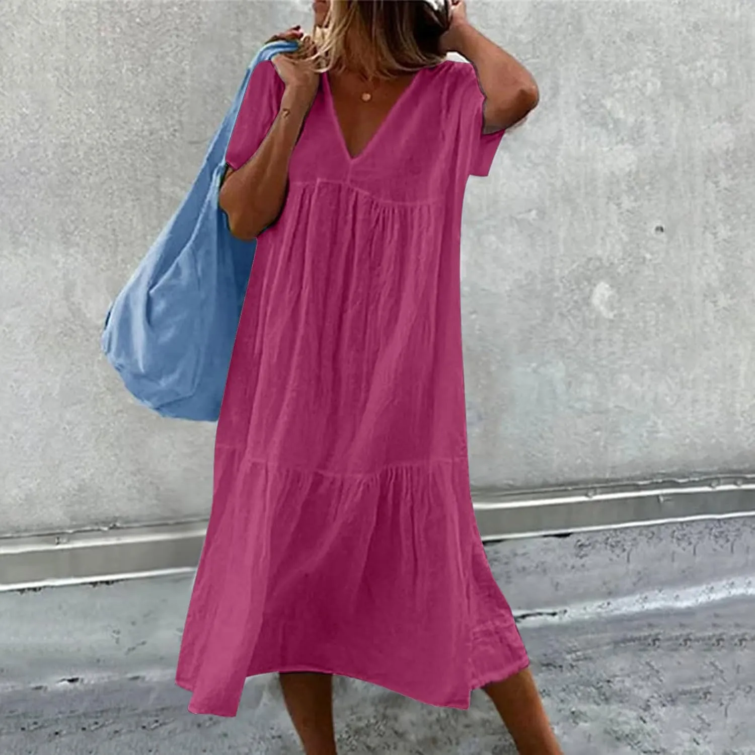 Womens Summer Short Sleeve V Neck Midi Dress 2025 Fashion Casual Fit Flowy Tiered Boho Beach Vacation Sundress