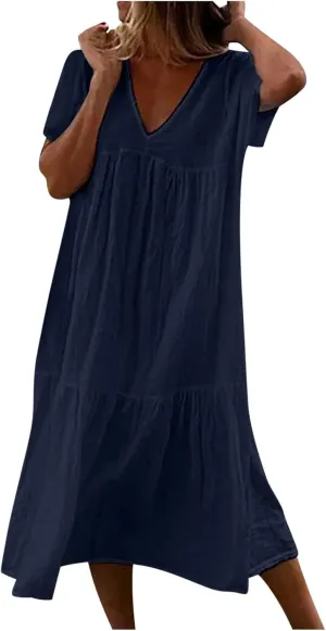 Womens Summer Short Sleeve V Neck Midi Dress 2025 Fashion Casual Fit Flowy Tiered Boho Beach Vacation Sundress