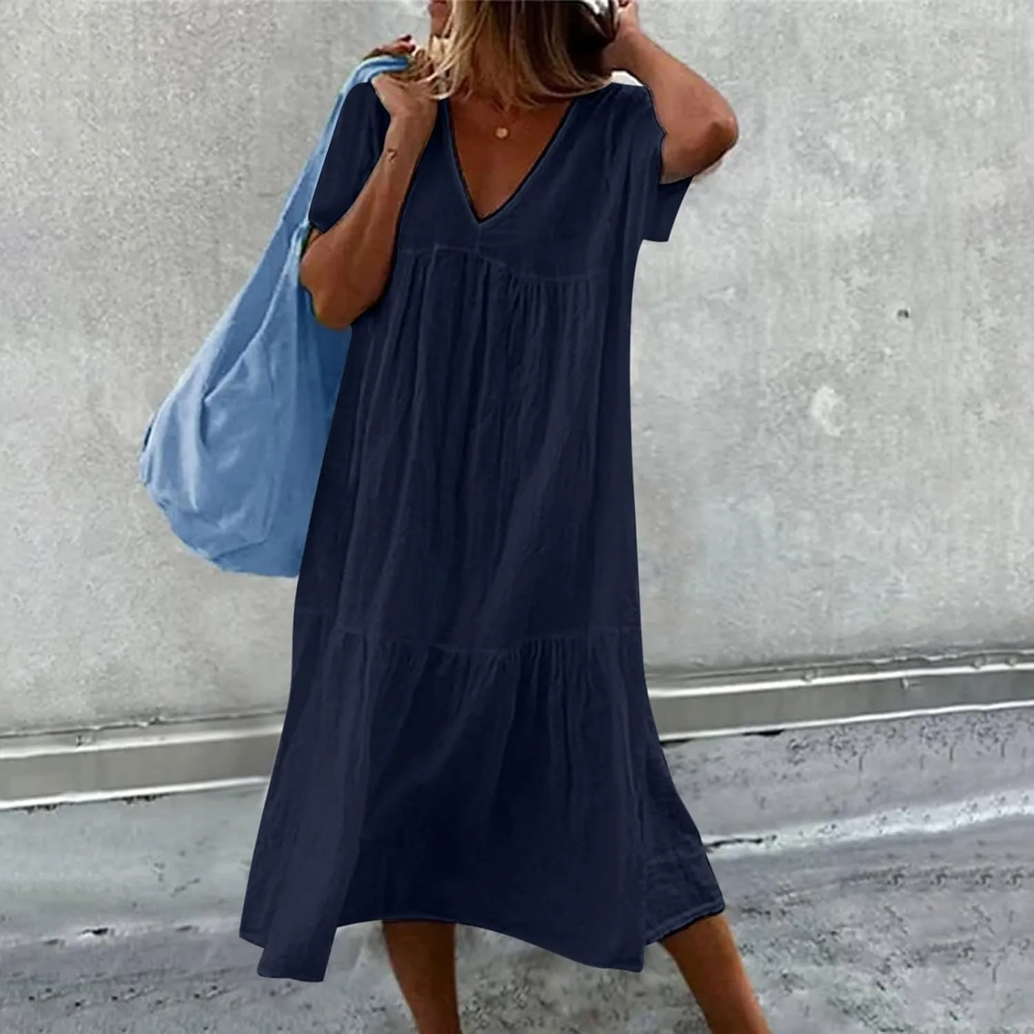 Womens Summer Short Sleeve V Neck Midi Dress 2025 Fashion Casual Fit Flowy Tiered Boho Beach Vacation Sundress
