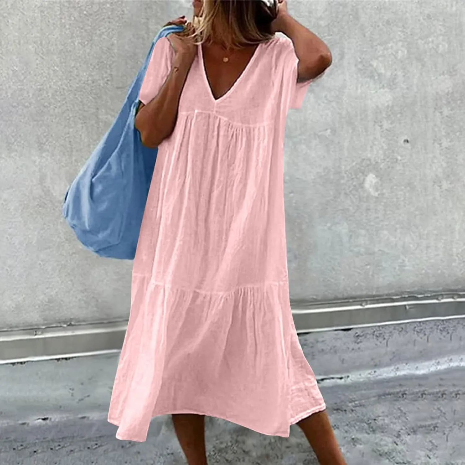 Womens Summer Short Sleeve V Neck Midi Dress 2025 Fashion Casual Fit Flowy Tiered Boho Beach Vacation Sundress