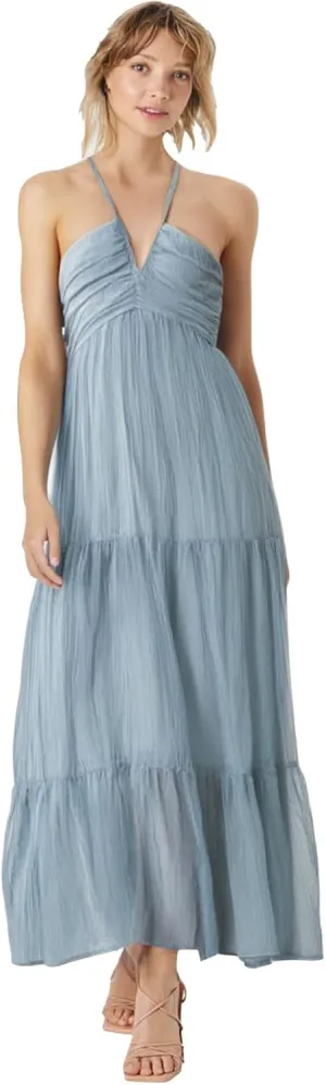 Women's Summer Sleeveless Halter Neck Boho Long Dress Backless Ruffle Hem Tiered Flowy Maxi Sundress Beach Vacation