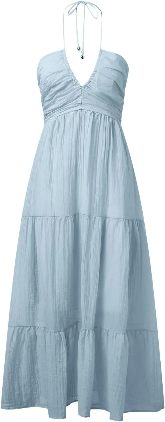 Women's Summer Sleeveless Halter Neck Boho Long Dress Backless Ruffle Hem Tiered Flowy Maxi Sundress Beach Vacation