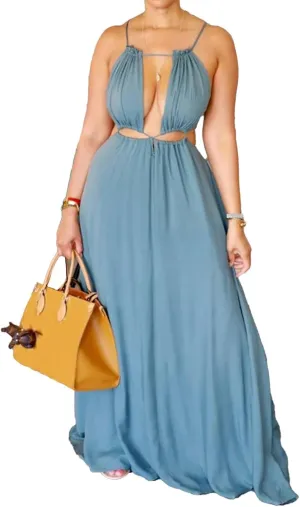 Women's Summer Spaghetti Strap Dress Sleeveless Backless Milkmaid Cutout Drawstring Flowy Boho Beach Vacation Sundress