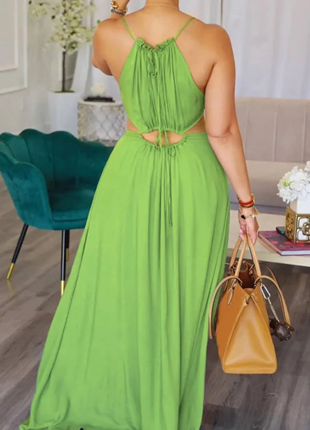 Women's Summer Spaghetti Strap Dress Sleeveless Backless Milkmaid Cutout Drawstring Flowy Boho Beach Vacation Sundress