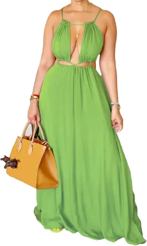 Women's Summer Spaghetti Strap Dress Sleeveless Backless Milkmaid Cutout Drawstring Flowy Boho Beach Vacation Sundress