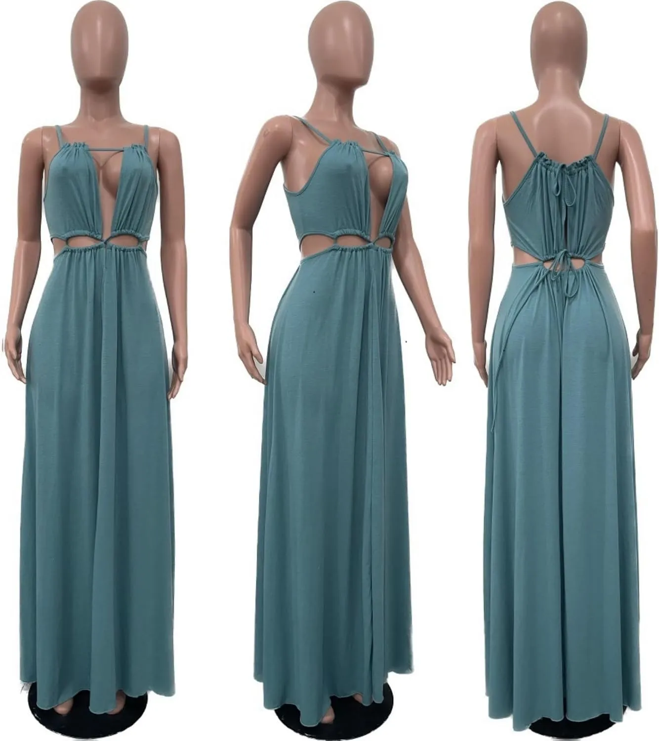 Women's Summer Spaghetti Strap Dress Sleeveless Backless Milkmaid Cutout Drawstring Flowy Boho Beach Vacation Sundress