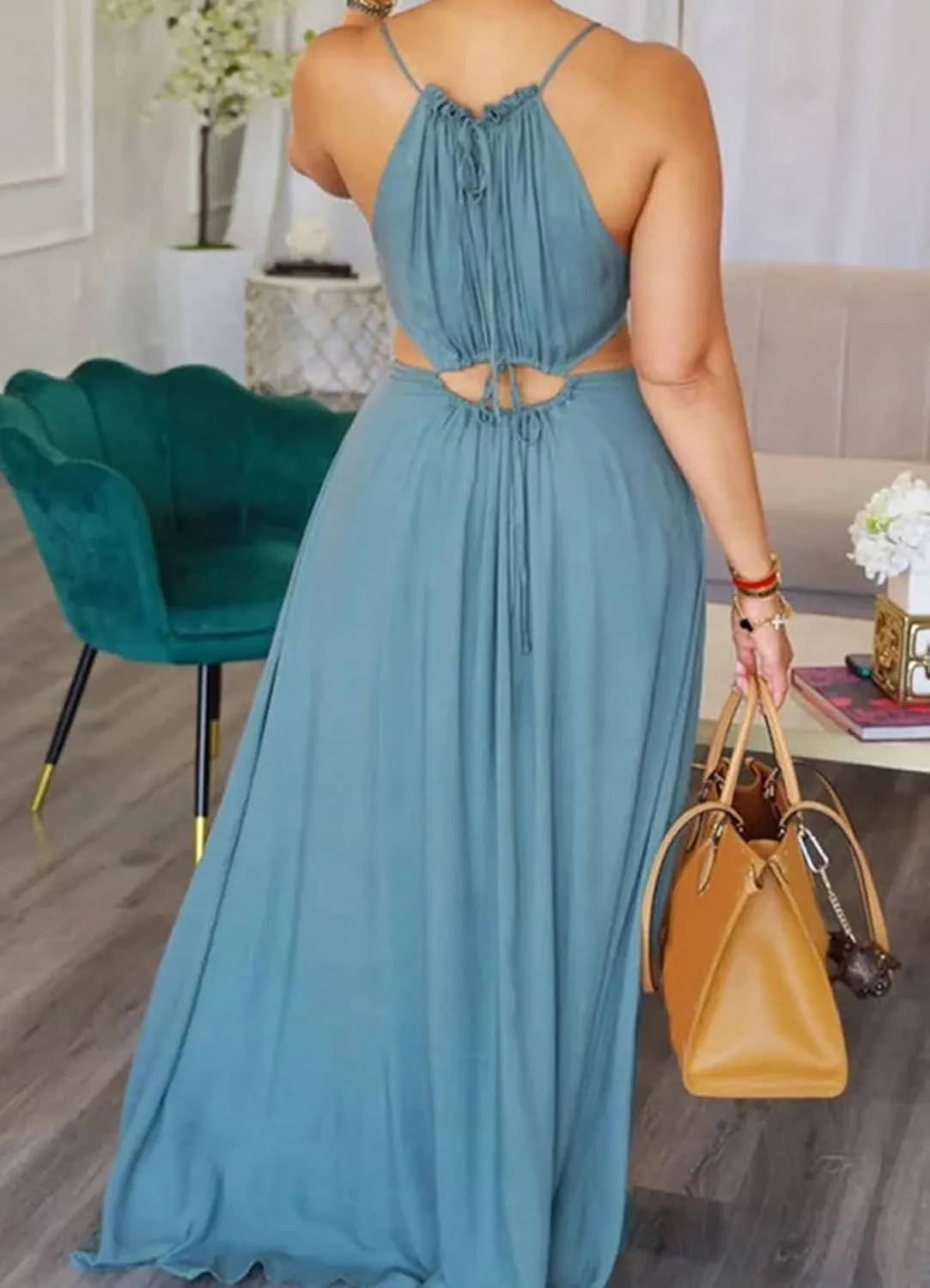 Women's Summer Spaghetti Strap Dress Sleeveless Backless Milkmaid Cutout Drawstring Flowy Boho Beach Vacation Sundress