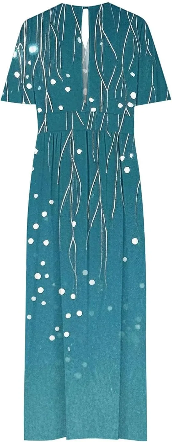 Womens Summer Wrap Maxi Dress Casual Boho Floral V Neck Short Sleeve Plus Size Hem Split Beach Long Dresses