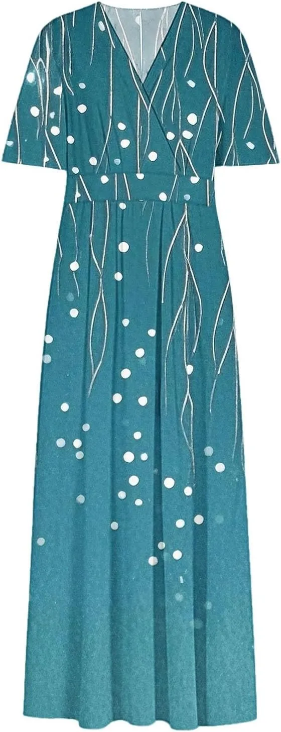 Womens Summer Wrap Maxi Dress Casual Boho Floral V Neck Short Sleeve Plus Size Hem Split Beach Long Dresses