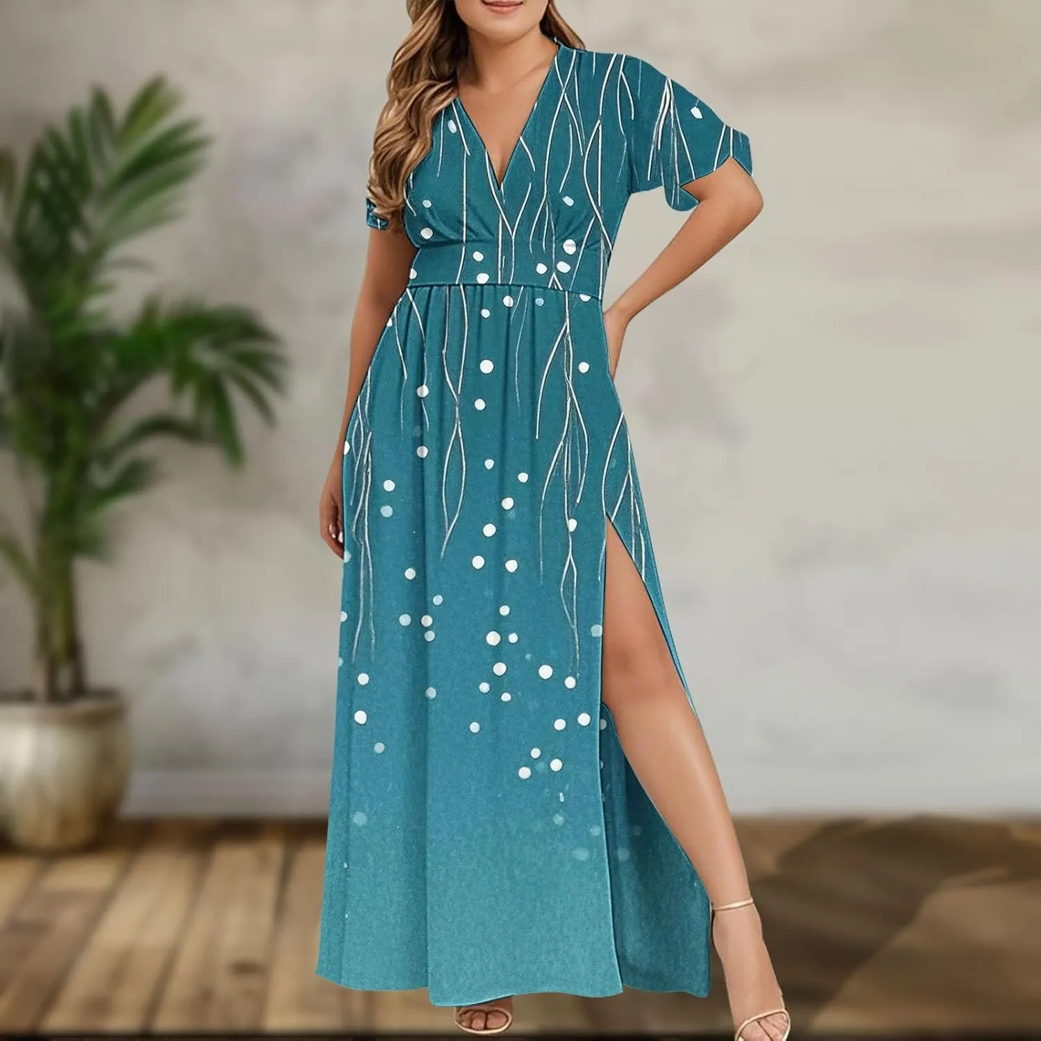 Womens Summer Wrap Maxi Dress Casual Boho Floral V Neck Short Sleeve Plus Size Hem Split Beach Long Dresses