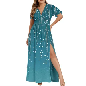 Womens Summer Wrap Maxi Dress Casual Boho Floral V Neck Short Sleeve Plus Size Hem Split Beach Long Dresses