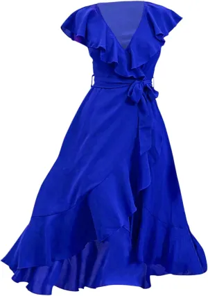 Women's Summer Wrapped Long Skirt Casual Subdeep V Neck Short Sleeve Frilly Split Beach Long Dress Womens Dresses