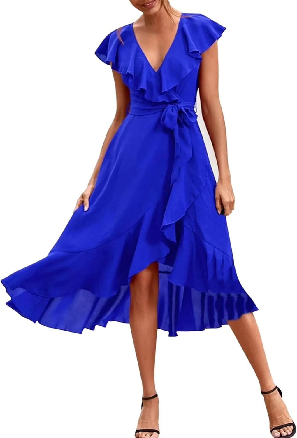 Women's Summer Wrapped Long Skirt Casual Subdeep V Neck Short Sleeve Frilly Split Beach Long Dress Womens Dresses