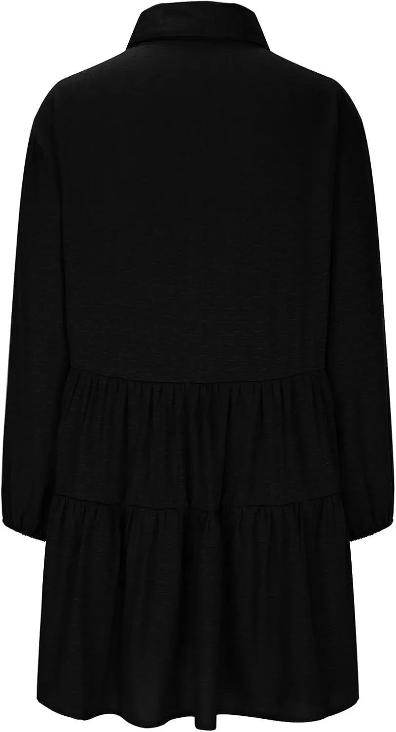Womens Tiered Ruffle Tunic Dresses Lantern Long Sleeve Lapel Henley Shirt Dress Vintage Casual Babydoll Mini Dress