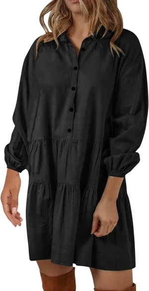 Womens Tiered Ruffle Tunic Dresses Lantern Long Sleeve Lapel Henley Shirt Dress Vintage Casual Babydoll Mini Dress