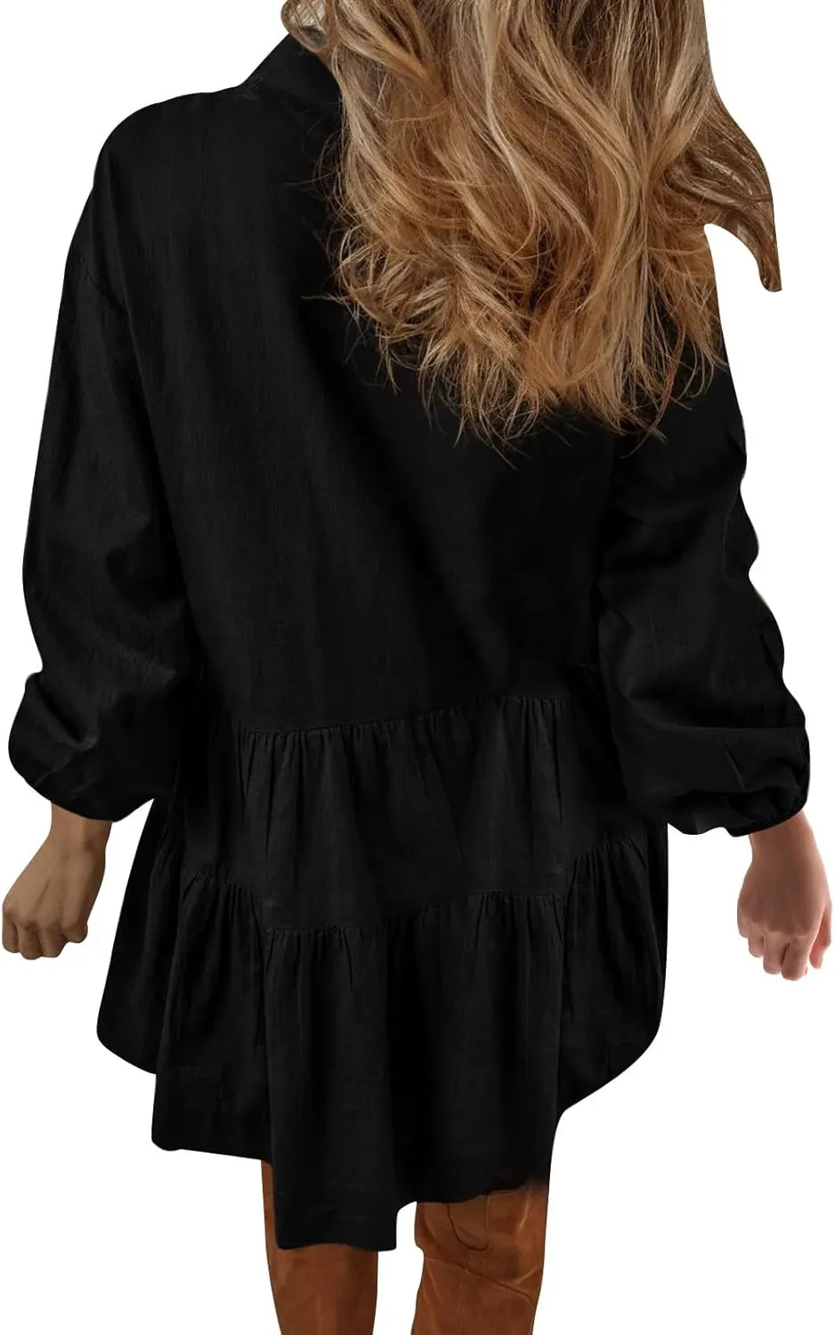Womens Tiered Ruffle Tunic Dresses Lantern Long Sleeve Lapel Henley Shirt Dress Vintage Casual Babydoll Mini Dress