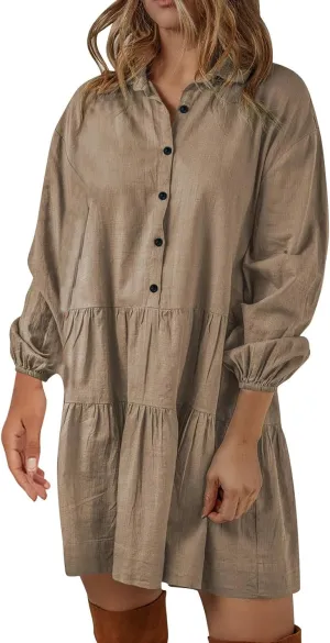 Womens Tiered Ruffle Tunic Dresses Lantern Long Sleeve Lapel Henley Shirt Dress Vintage Casual Babydoll Mini Dress
