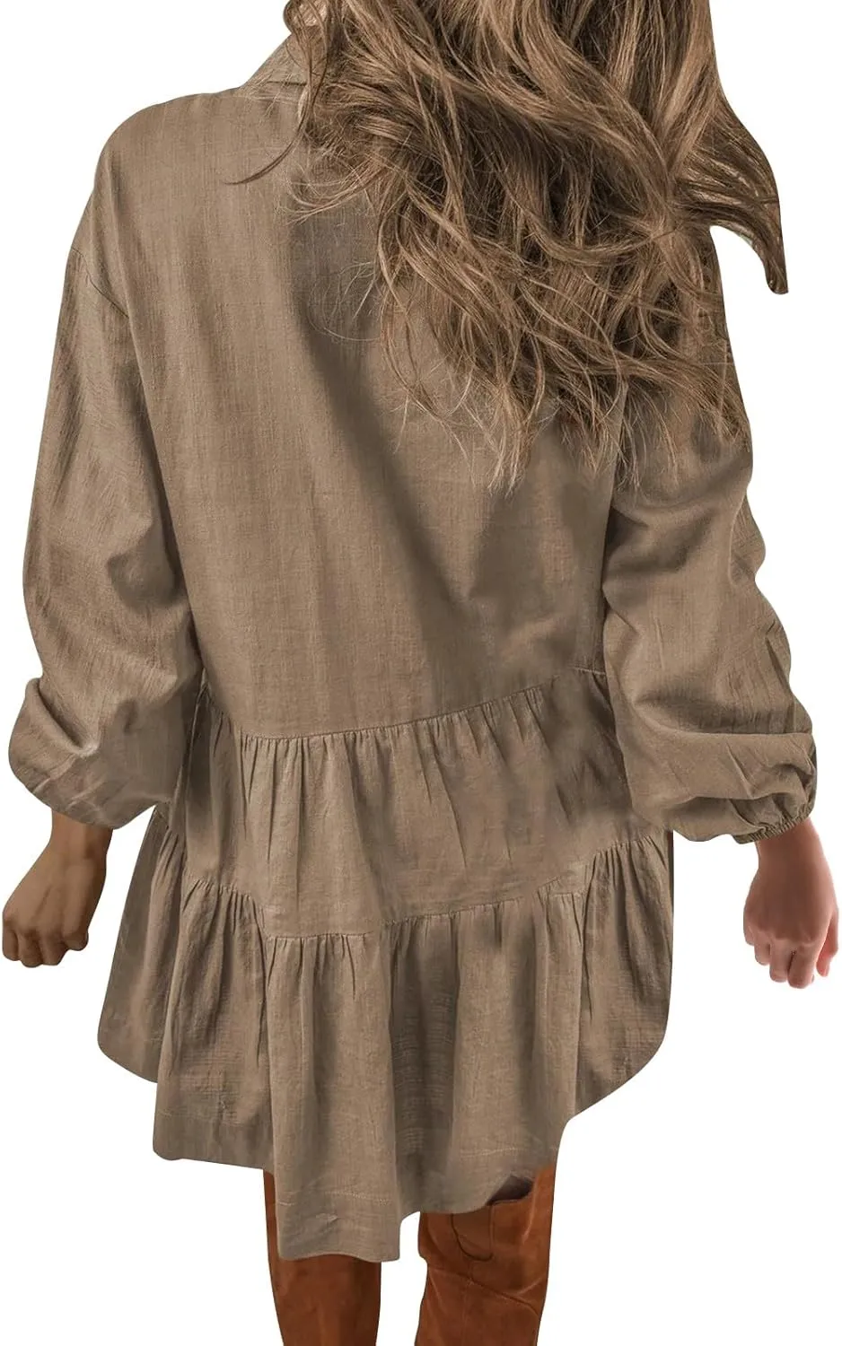 Womens Tiered Ruffle Tunic Dresses Lantern Long Sleeve Lapel Henley Shirt Dress Vintage Casual Babydoll Mini Dress