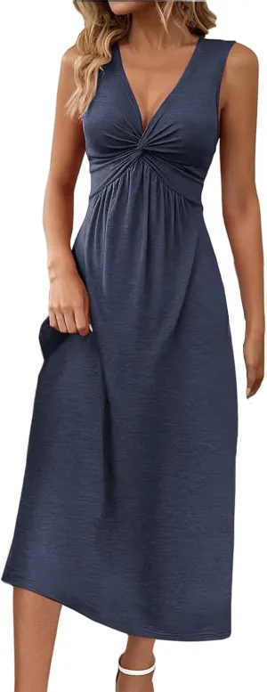 Women's V Neck Front Knotted Dresses Summer Sleeveless A Line Sundress Beach Party Vacasion Dress Outfits