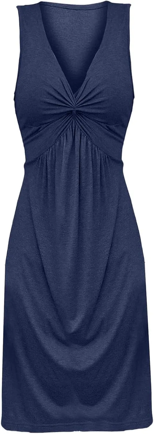 Women's V Neck Front Knotted Dresses Summer Sleeveless A Line Sundress Beach Party Vacasion Dress Outfits