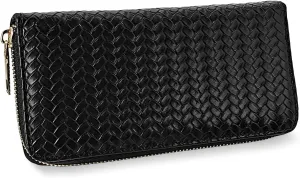 Womens Wallet, PU Leather Weave Card Holder Ladies Large Capacity Clutch Purse with ID Window and Zipper Pocket (Black)