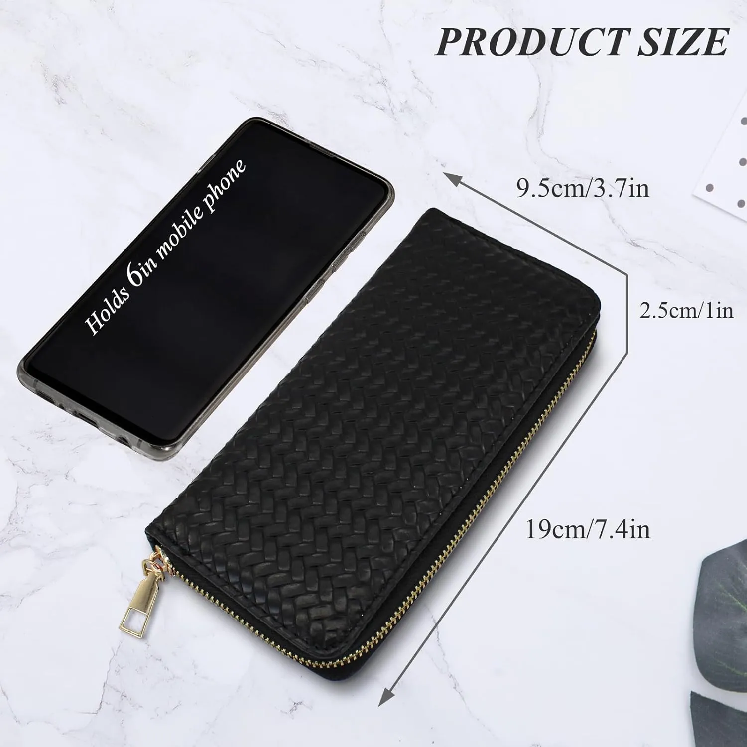 Womens Wallet, PU Leather Weave Card Holder Ladies Large Capacity Clutch Purse with ID Window and Zipper Pocket (Black)