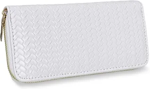 Womens Wallet, PU Leather Weave Card Holder Ladies Large Capacity Clutch Purse with ID Window and Zipper Pocket (White)