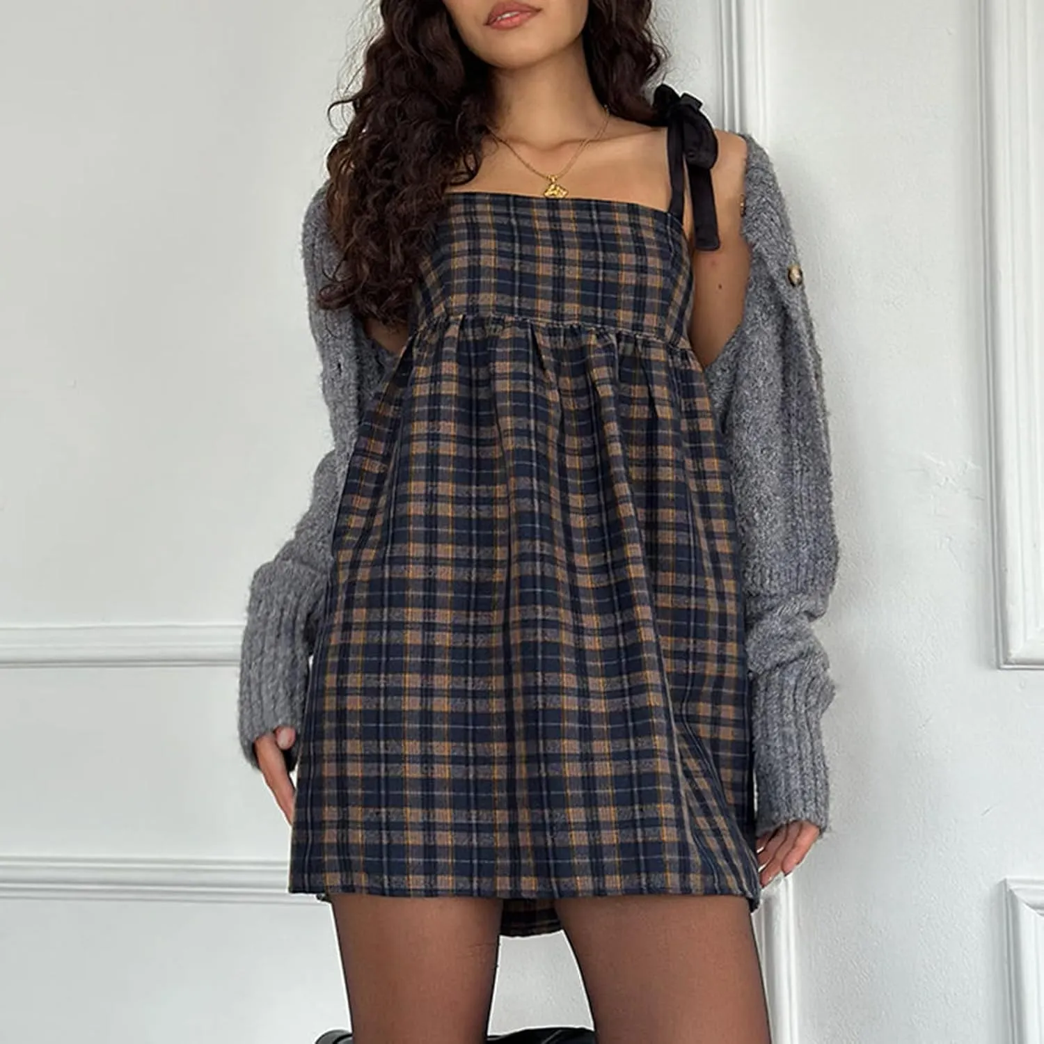 Women's Y2K Plaid Mini Dress Casual Tie Shoulder A Line Party Dress Summer Preppy Beach Sundress