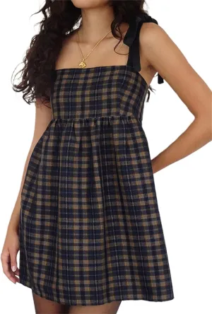 Women's Y2K Plaid Mini Dress Casual Tie Shoulder A Line Party Dress Summer Preppy Beach Sundress