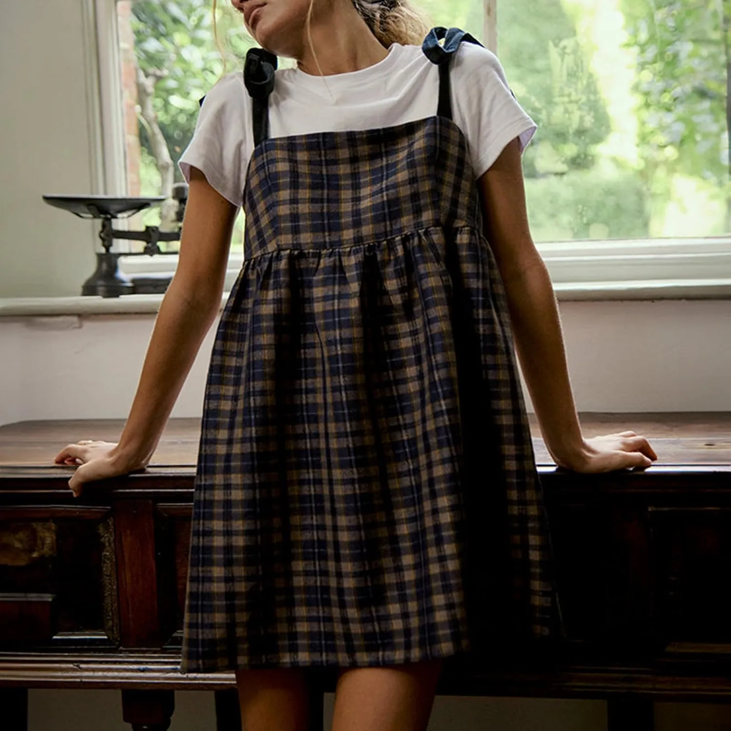 Women's Y2K Plaid Mini Dress Casual Tie Shoulder A Line Party Dress Summer Preppy Beach Sundress