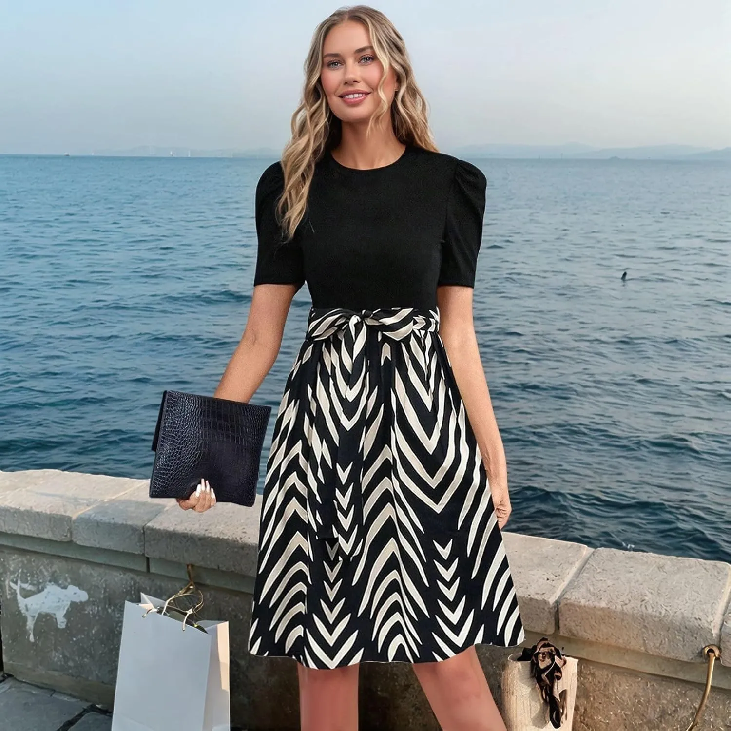 Wrap Dresses for Women 2025 Knee Length Floral Mini Dress Elegant Classy Flowy Ruffle Patchwork Empire Waist Dress