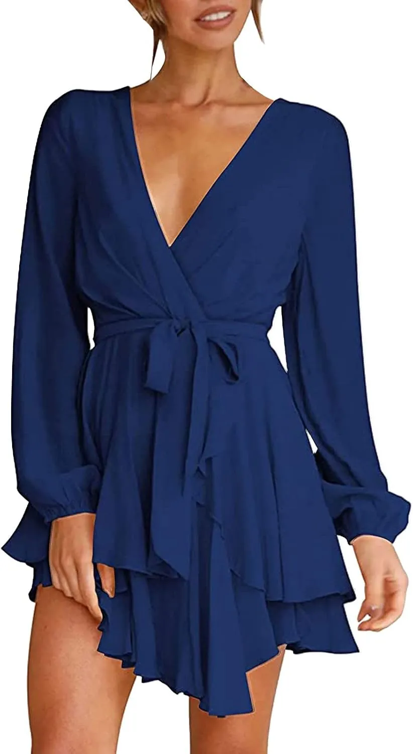 XOWRTE Women's Sexy Wrap Deep V Neck Dress Long Sleeve 2023 Tie Waist Ruffle Hem Cocktail Wedding Party Swing Mini Dresses