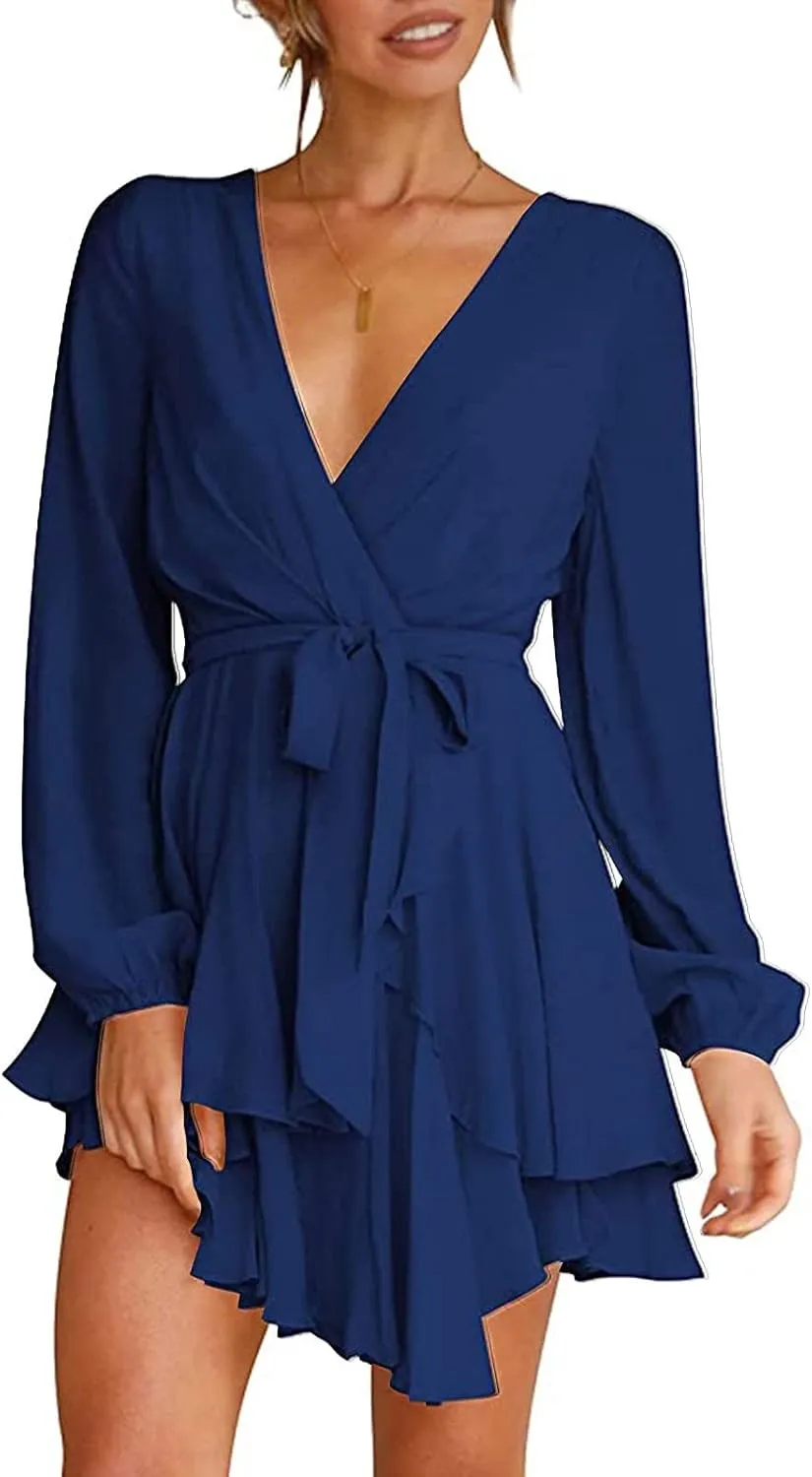 XOWRTE Women's Sexy Wrap Deep V Neck Dress Long Sleeve 2023 Tie Waist Ruffle Hem Cocktail Wedding Party Swing Mini Dresses