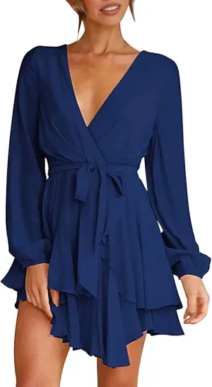 XOWRTE Women's Sexy Wrap Deep V Neck Dress Long Sleeve 2023 Tie Waist Ruffle Hem Cocktail Wedding Party Swing Mini Dresses